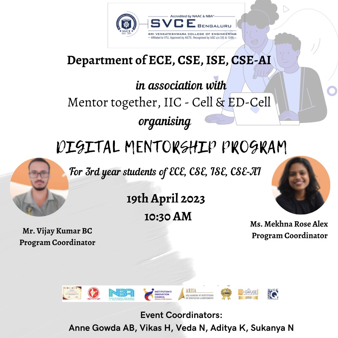 Department of ECE, CSE, ISE, CSE-AI in association with mentor together, IIC-Cell & ED-Cell organising “Digital Mentorship Program” for 3rd year students of ECE, CSE, ISE, CSE- AI on 19th April 2023 at 10.30 am #svce #svcebengaluru #bestengineeringinstitute #digitalmentorship