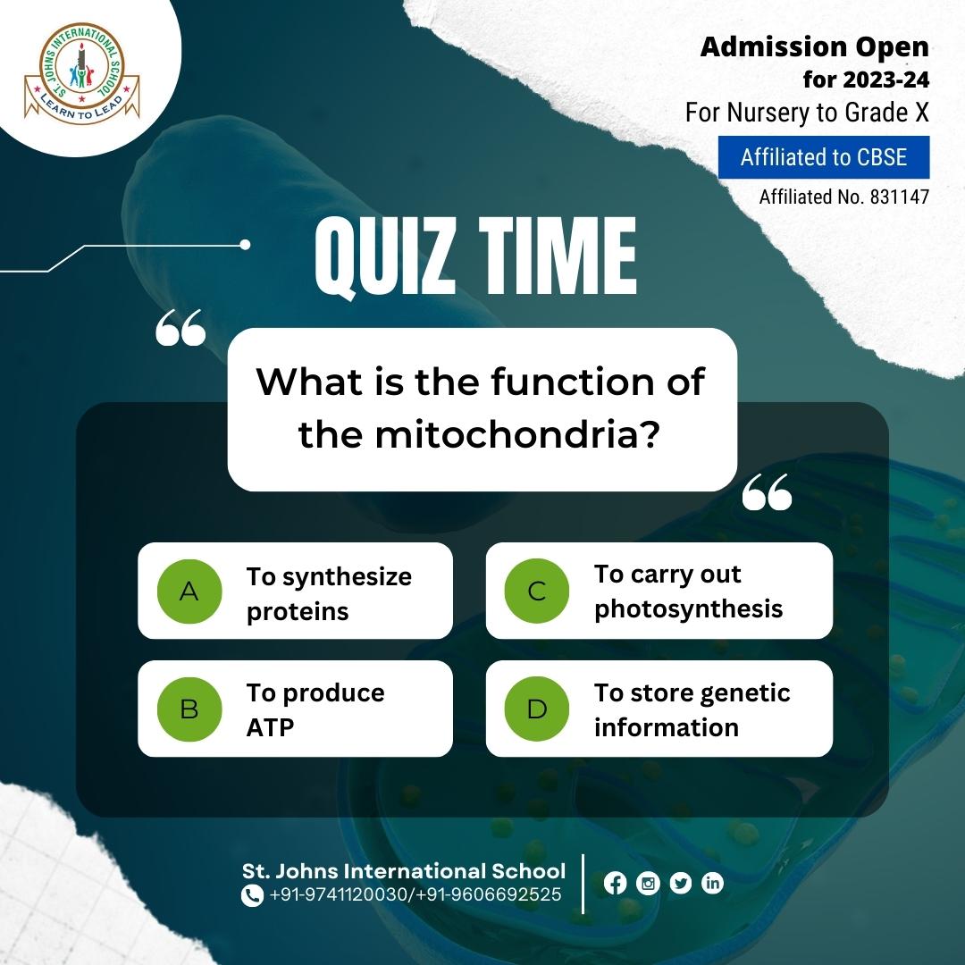 Test your knowledge! Can you answer this question correctly?

What is the function of the mitochondria?
a. To synthesize proteins 
b. To carry out photosynthesis
c. To produce ATP 
d. To store genetic information

#sciencequiz  #biology #stjohns #education #bangalore