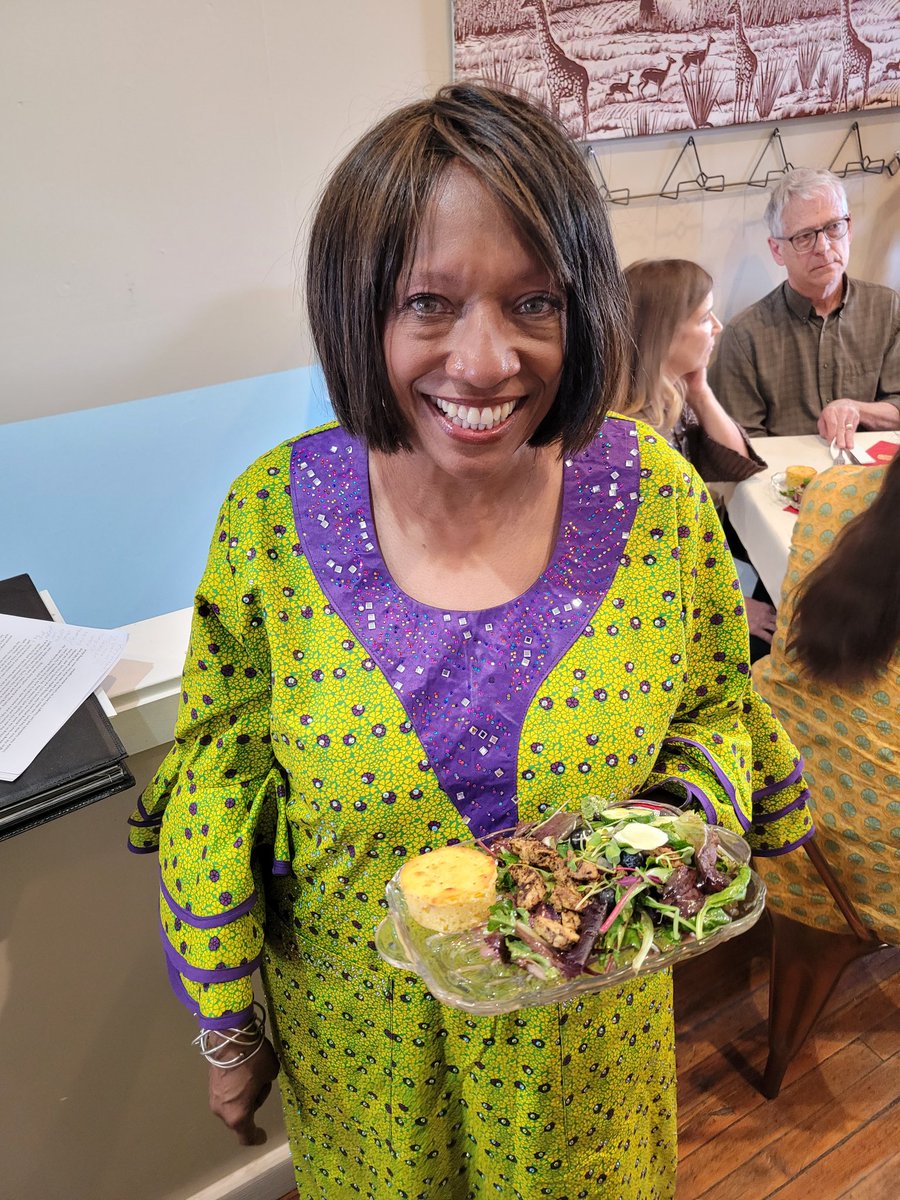 soulfoodscholar's tweet photo. Last weekend, @tealeesteahouse hosted a FANTASTIC celebration of Edna Lewis! I loved the anecdotes from her niece Nina Williams-Mbengue and the recipes prepared by Chef Lisa Givens! On the menu: spring salad with 11-spice rubbed chicken, #spoonbread, and #apple #brownbetty. https://t.co/0OXudJQkdA