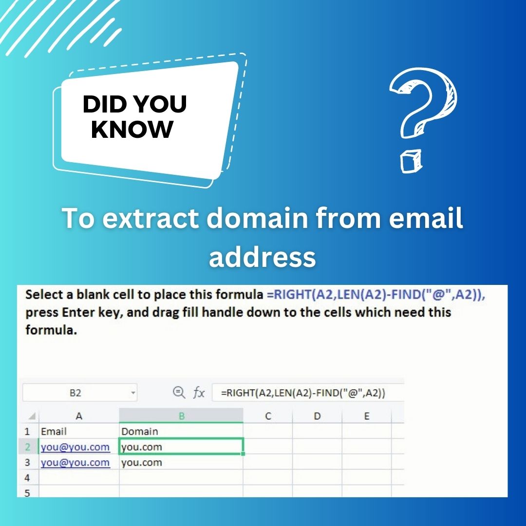 AdminatWebgrity's tweet image. Quick #ExcelTip: Extract email domains using formula  =RIGHT(A2,LEN(A2)-FIND(&quot;@&quot;,A2)). Drag fill handle for multiple cells.  #DataExtraction #EmailDomains #ProductivityHacks #ExcelTips #DataExtraction #EmailDomain #TechSkills #DataAnalysis #ProductivityHacks #ExcelHacks