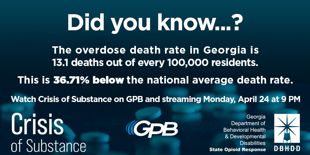 mygpb's tweet photo. Take a compelling look at the opioid crisis from those who live, endured, or fight addiction in Georgia. In partnership with @DBHDD, "Crisis of Substance" premieres April 24 at 9 PM on GPB-TV, streaming online, &amp; on FB Live.

This program will be available with Spanish captions. https://t.co/rTq32AN178