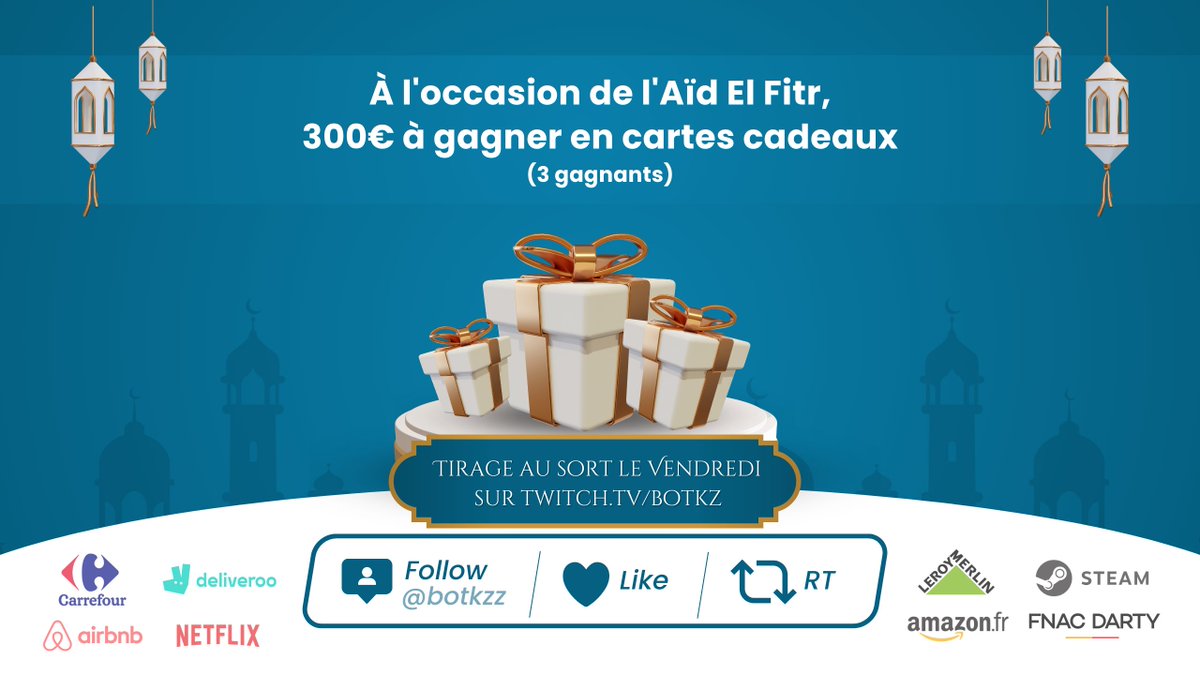 botkzz's tweet photo. Giveaway de 300€ pour bien profiter de l'aïd la famille (3 gagnants) 🎁

RT, Like la publication &amp; Follow @botkzz 

TAS Vendredi 21 avril en live 😁🙏 https://t.co/jdBerUwZTH