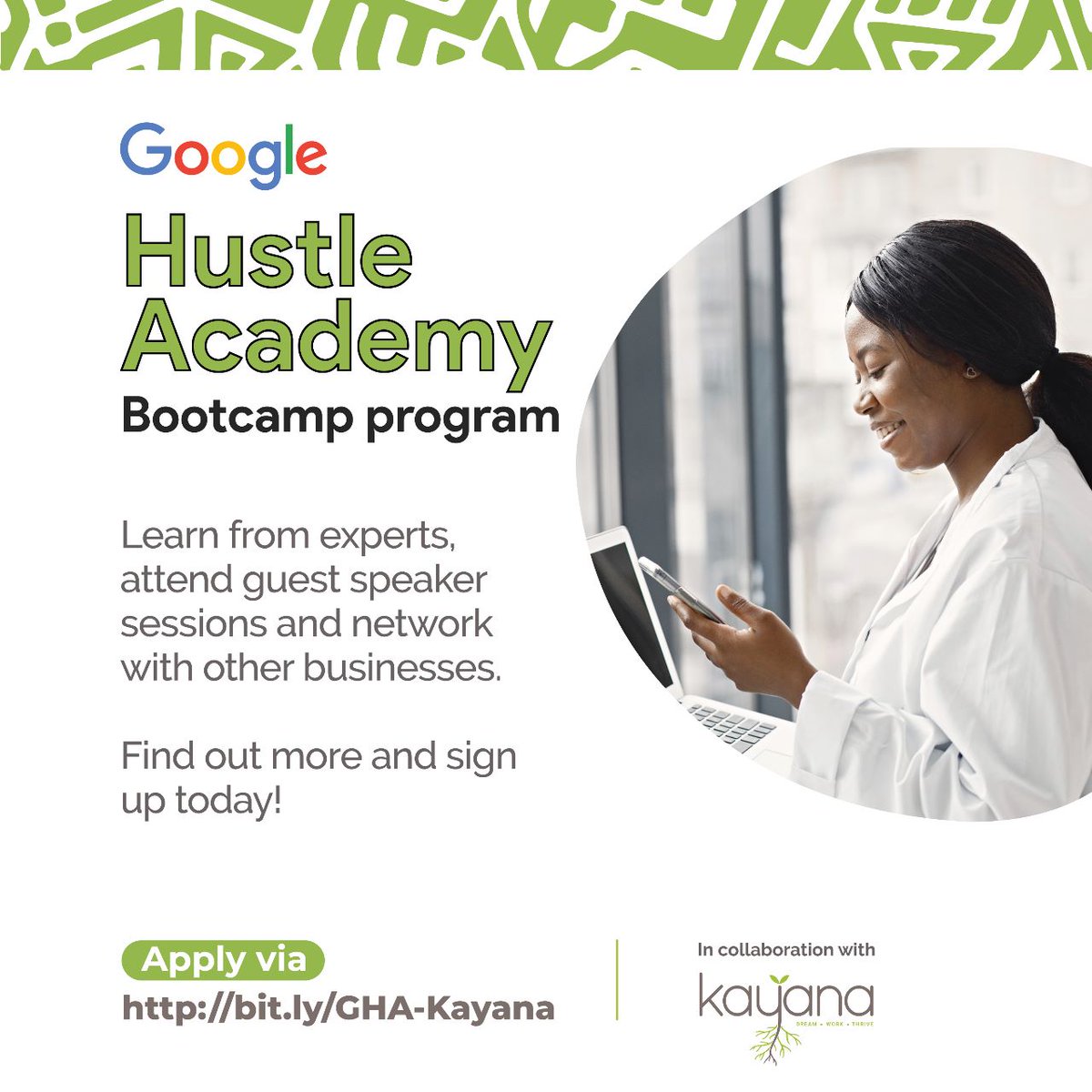 kayana_kenya's tweet photo. We have partnered with @Google for the Google Hustle Academy, a one-week-long Bootcamp program designed to equip you with practical knowledge and actional tips.
Apply today: https://t.co/Bz7skB8YgL
#GoogleHustleAcademy #BusinessGrowth #DreamWorkGrow #LearnwithKayana https://t.co/ckCpd354IA