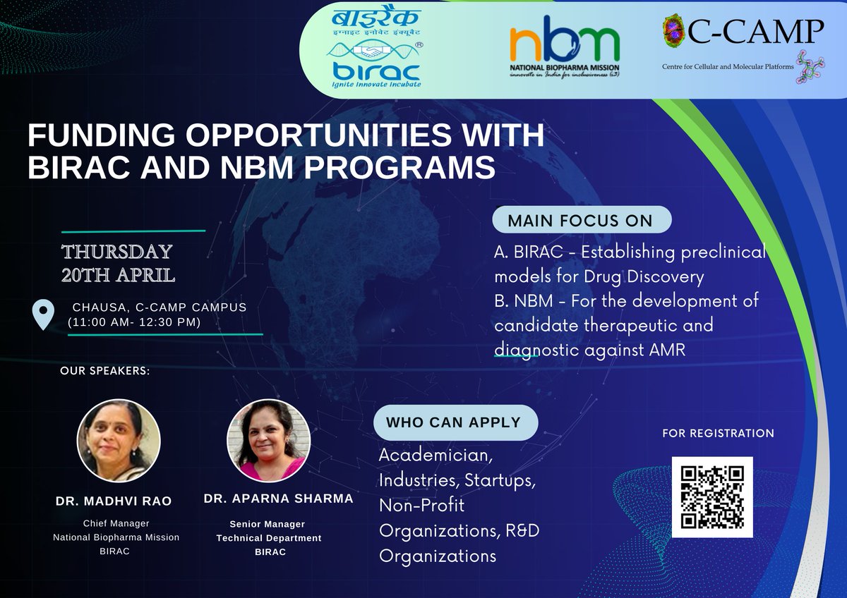 Engage with @BIRAC_2012 & #NationalBiopharmaMission experts at CCAMP session on 

Funding opportunities with BIRAC and NBM programs 

Thurs, 20th April, 11am

Funding focus on preclinical models for #DrugDiscovery & candidates for #AMR diagnostics and therapeutics

@Taslimarif