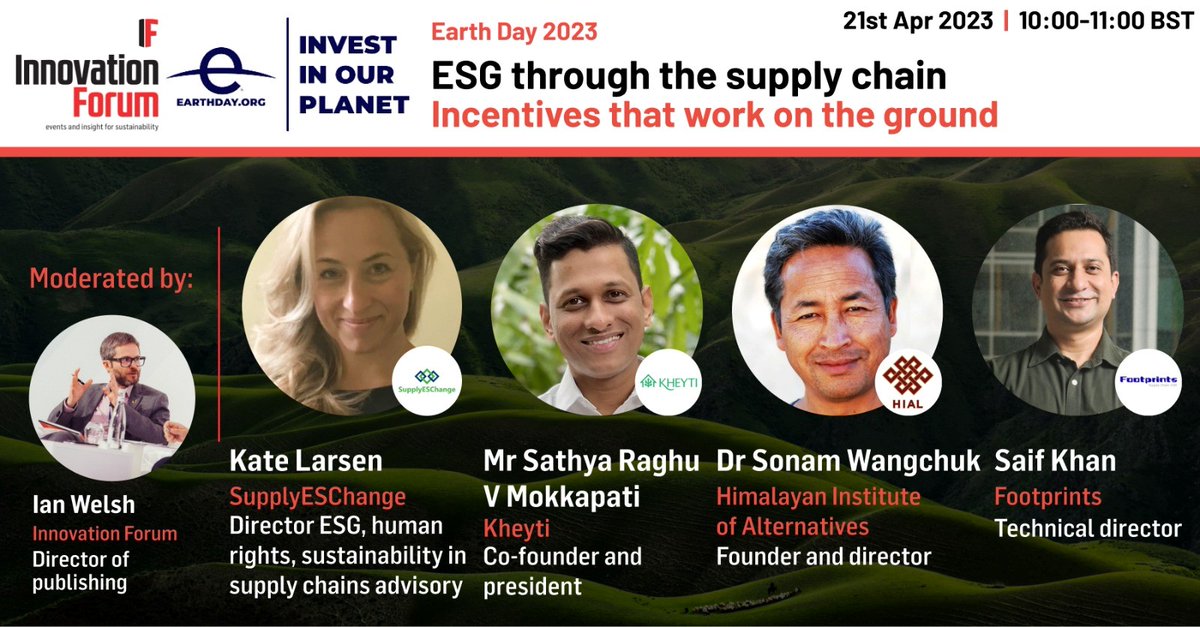 earthdayasia's tweet photo. ESG through the supply chain: Incentives that work on the ground
Join the free webinar on the Zoom
April 21, 2023 | 2:30 PM IST
#InnovationForum #EarthDay2023
@Wangchuk66 @EarthDay 
Link to register: https://t.co/JkGxXOVDxh https://t.co/jjd3p7UvNI