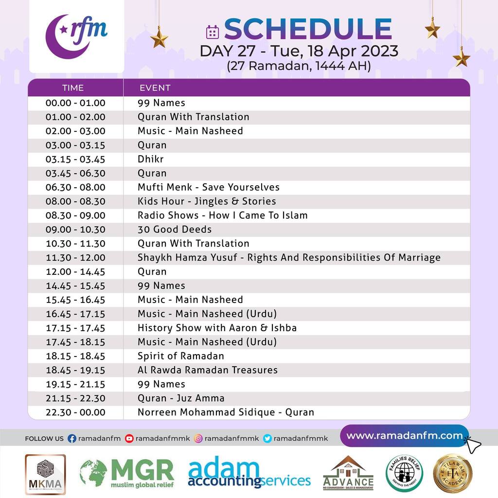 ramadanfmMK's tweet photo. RamadanFM Day 27 is here!
Day 27 Schedule - Tue, 18 Apr 2023
(27 Ramadan, 1444 AH)

Listen Live https://t.co/SwHHhRlJVC

#ramadanday27🌙  #RamadanFM #ramadanfmmk #holymonthoframadan #LISTENLIVE #muftimenk #shaykhhamzayusuf #quranmajeed #99names #gooddeeds #miltonkeynes #miltonk… https://t.co/zavmwssqOj