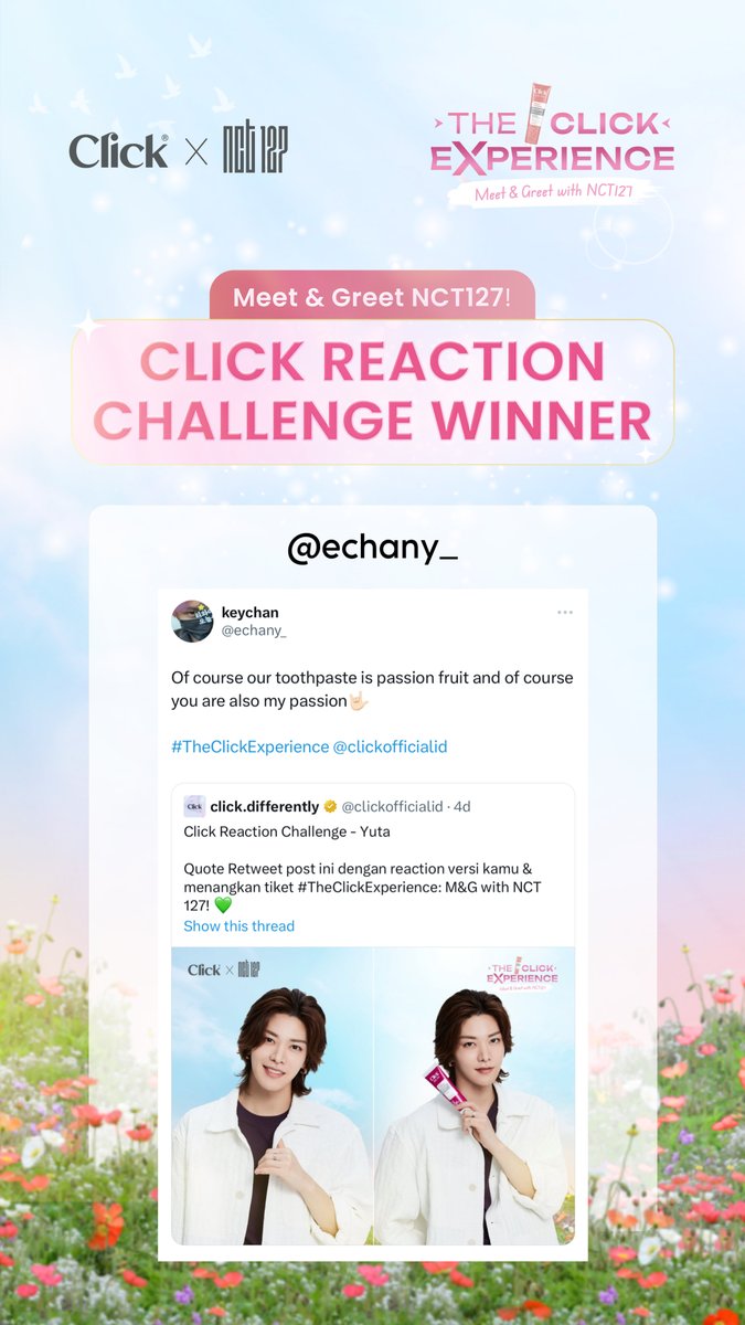clickofficialid's tweet photo. Pemenang Click Reaction Challenge #TheClickExperience: M&amp;G with NCT 127 - Yuta

@echany_ 

https://t.co/q8gDpFkpr8 https://t.co/702HSW81b6