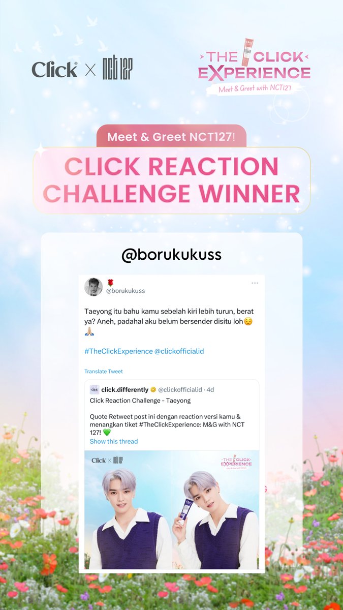 clickofficialid's tweet photo. Pemenang Click Reaction Challenge #TheClickExperience: M&amp;G with NCT 127 - Taeyong

@borukukuss

https://t.co/zFp0zJSwx6 https://t.co/AeogYeGDGO