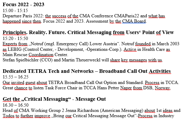 CMA_wld's tweet photo. Actualized #Agenda for
🌺#CMASpring23
🌺April 20. 15 CET
🌺HERE
--> https://t.co/mF7sAHUNKj
🔤
A 🇦🇹Users‘ Point of View in #Crisis
B 🇳🇴 Future #Standard in #Broadband
C 🇺🇸 Shout out the Message. #Media etc.
From
@114notrufnoe @TCCAcritcomms @amsmsg
.
REGISTER NOW !
.
#Learnings https://t.co/SwOGBbDVey