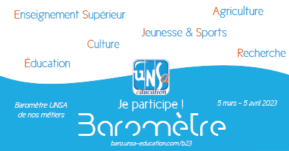 UNSA_Education's tweet photo. Baromètre UNSA 2023 : Merci aux 34585 participant·es de cette 11ème édition !
Prochaine étape le 31 mai ➡️ https://t.co/DIfoa77GYv https://t.co/RM8ZmE4qCC