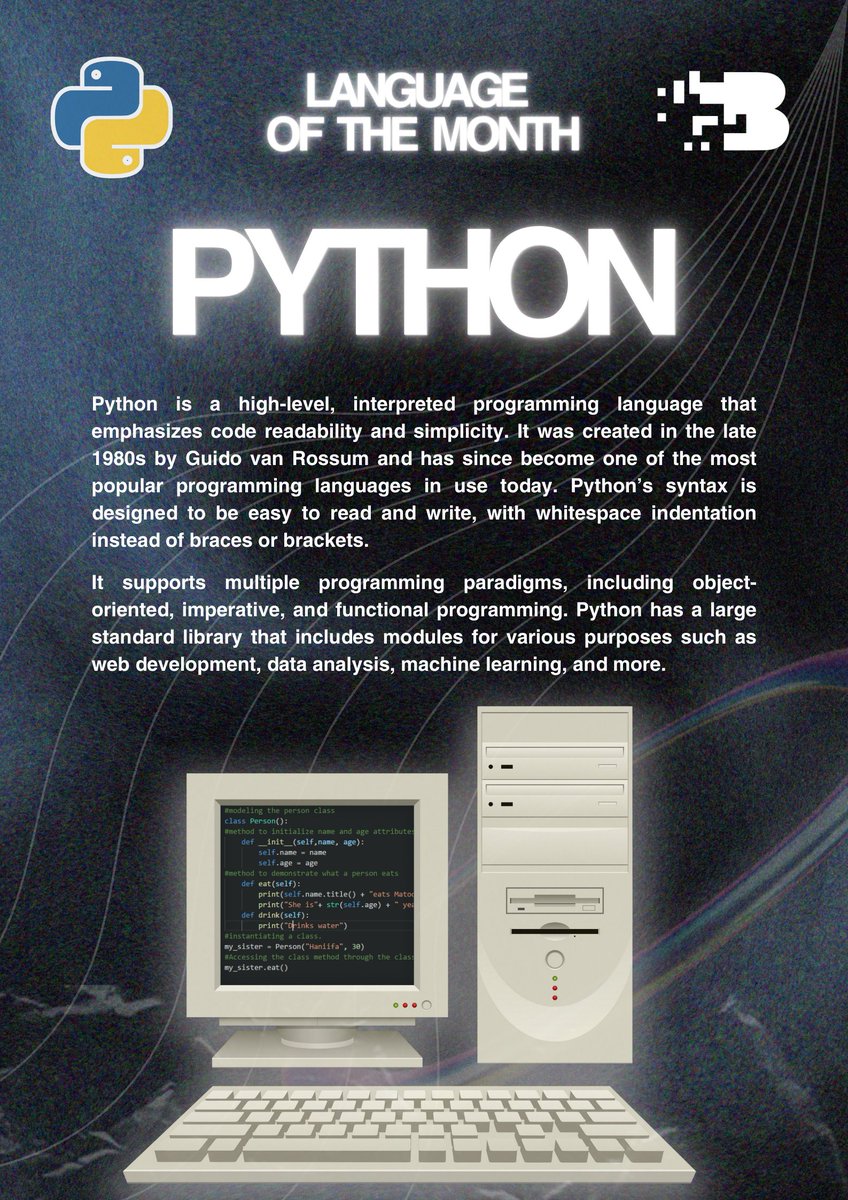 BITSSBU's tweet photo. Are you ready to byte your teeth into a new programming language? Look no further, because our Computer Language of the Month is Python. Read the striking history of this versatile tool of IT professionals!

#ByteforPython
#BITS2023 
#everyBITScount https://t.co/jmw2NTN12Q