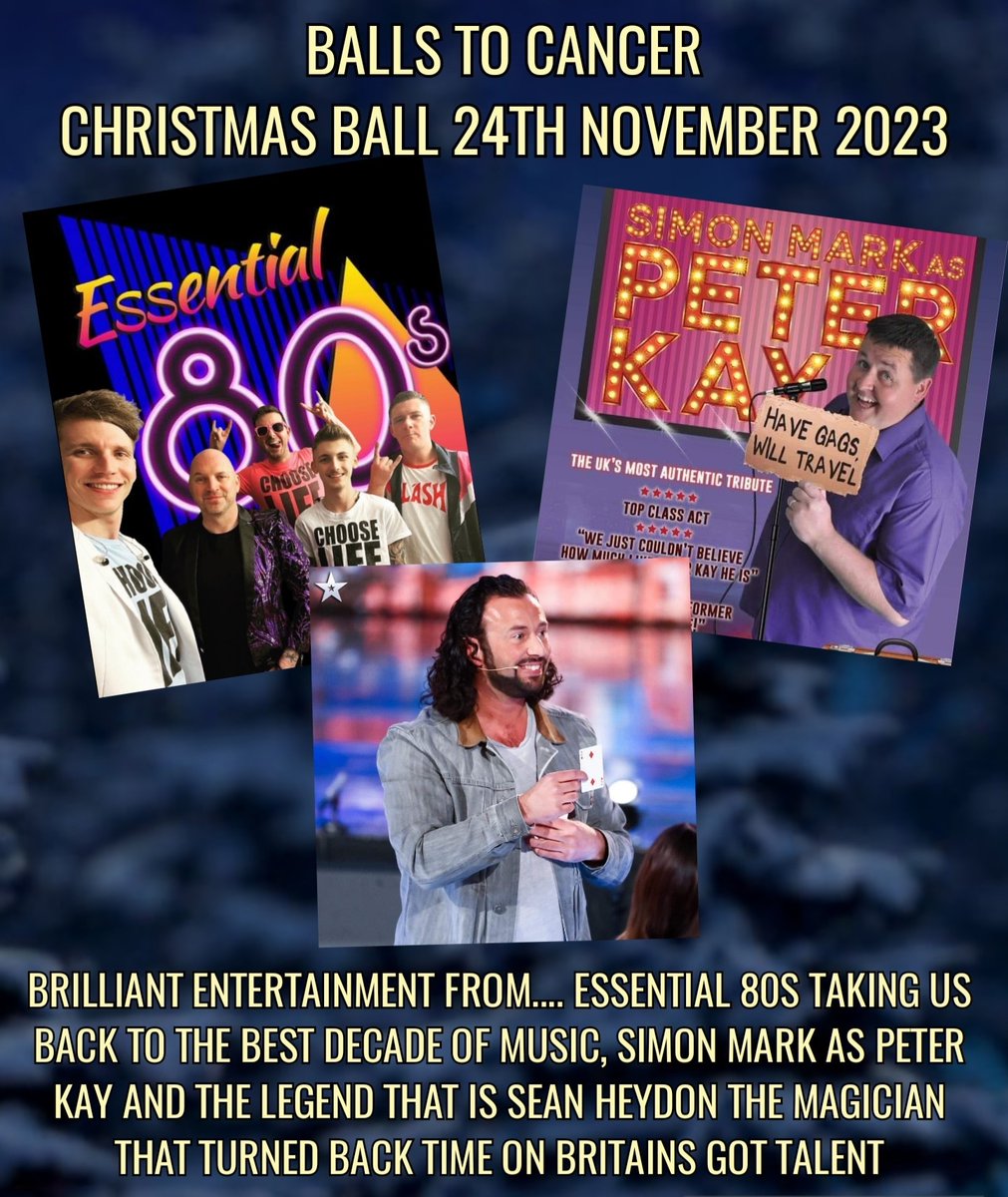 Balls to Cancer (@ballstocancer) on Twitter photo Have you SEEN our Christmas ball Entertainment line up for 2023! .<a href="/essential80s/">Essential 80s Band</a> .<a href="/seanheydon/">Sean Heydon</a> & Simon Mark as Peter Kay!! This is going to be a party NOT to miss!! #Christmas #80s #PeterKay #BGT .<a href="/FatScottie/">Fat Scottie 🎧🎤🎶</a> get your tickets here ballstocancer.net/christmas-ball… Have you SEEN our Christmas ball Entertainment line up for 2023! .<a href="/essential80s/">Essential 80s Band</a> .<a href="/seanheydon/">Sean Heydon</a> & Simon Mark as Peter Kay!! This is going to be a party NOT to miss!! #Christmas #80s #PeterKay #BGT .<a href="/FatScottie/">Fat Scottie 🎧🎤🎶</a> get your tickets here ballstocancer.net/christmas-ball…