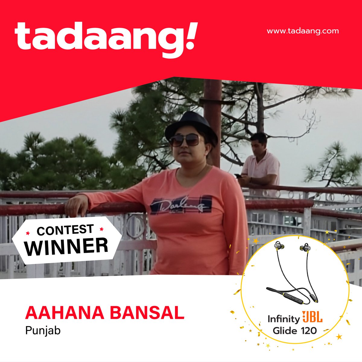 Congratulations to Aahana Bansal from Punjab, who is our weekly contest winner. She wins a neckband from Infinity - Glide 120. You can also play on Tadaang and win special prizes at tadaang.com/contest

#tadaang #winwithtadaang #contest #tadaangcontests #JBL #infinityglide120