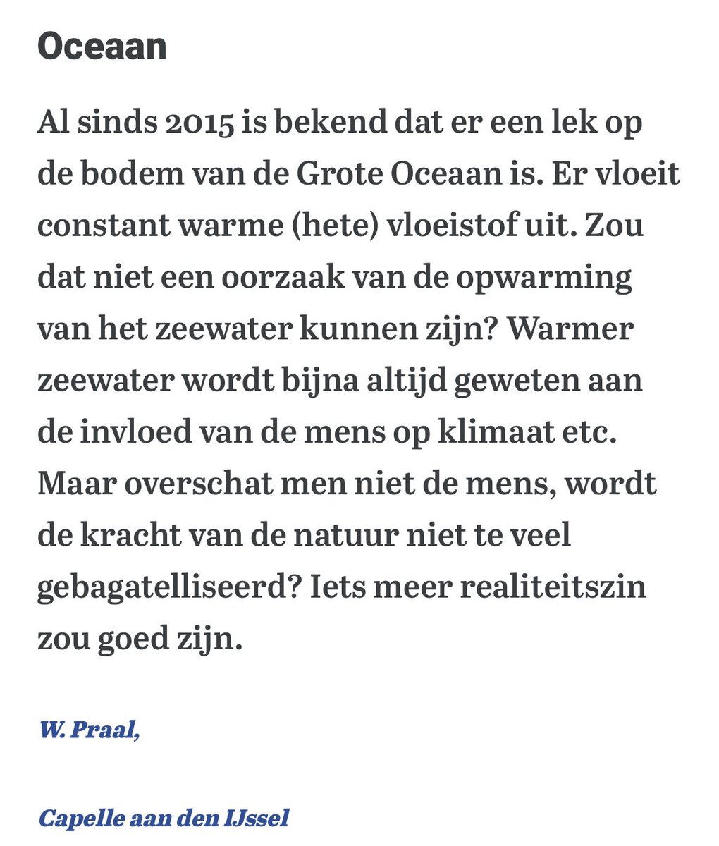 Komt de opwarming van de zeeën niet gewoon door een lek op de oceaanbodem? Iets meer realiteitszin zou goed zijn.