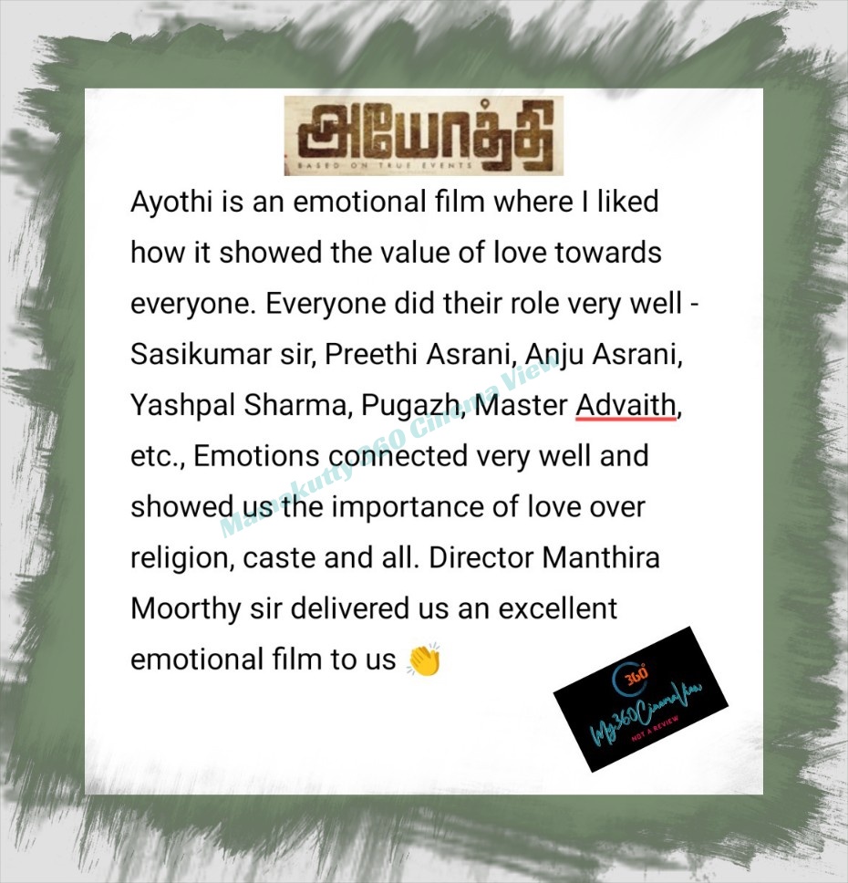 My opinion on #Ayothi:

Excellent performance by everyone 👌

@SasikumarDir #YashpalSharma @preethiasrani_ #AnjuAsrani @VijaytvpugazhO #Advaith 

Nice direction by @dir_Mmoorthy 👏