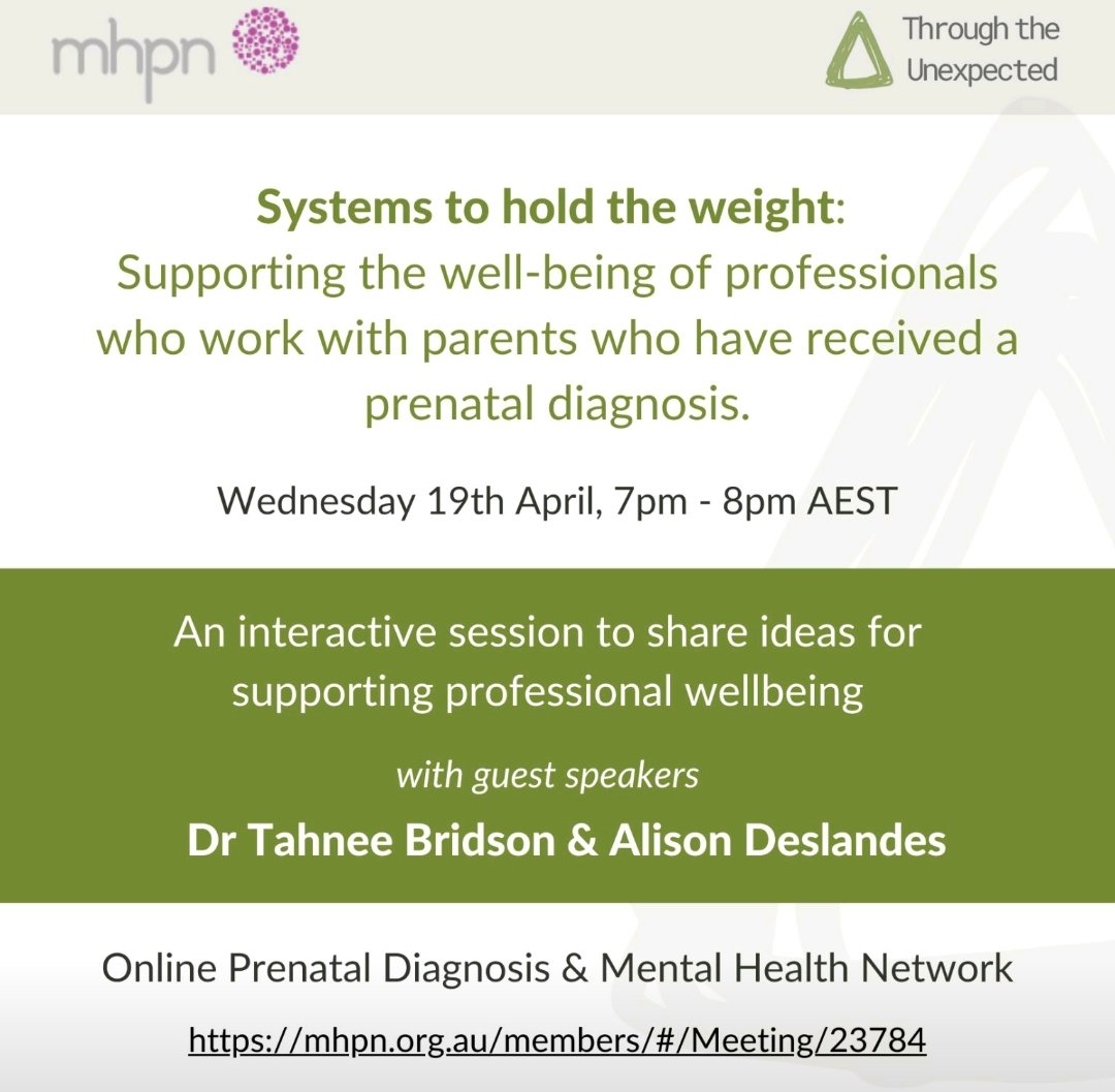 We have 93 registrants for the online session tomorrow evening, on supporting the wellbeing of professionals who work with parents who have received a prenatal diagnosis of a fetal anomaly.

There's still time to register to join in the discussion!

mhpn.org.au/members/#/Meet…