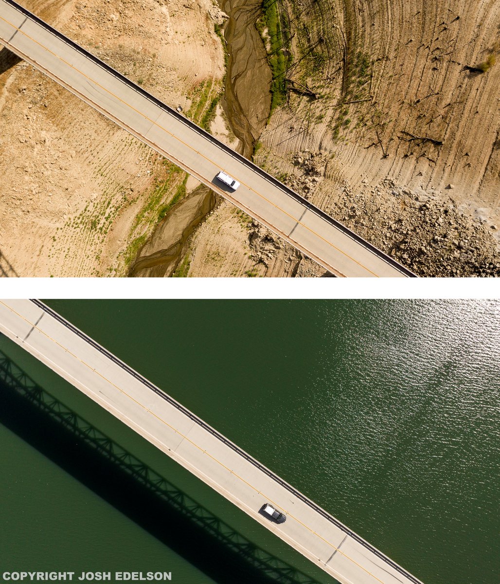 #DROUGHT (Before/After): in 2021, #LakeOroville was nearly empty. Now it's so full, water is being released to make room for an expected deluge of snowmelt. These composites of before (9/5/21) and after (4/16/23) photos of Lake Oroville show how dramatically it has changed.