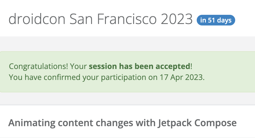 Aaaaaaa so excited to be speaking at
<a href="/droidconSF/">droidcon San Francisco</a> ✨ June 8-9 about animating content changes with #JetpackCompose!
<a href="/ioki_mobility/">ioki</a> 💙#dcsf23 Hope to see you there!