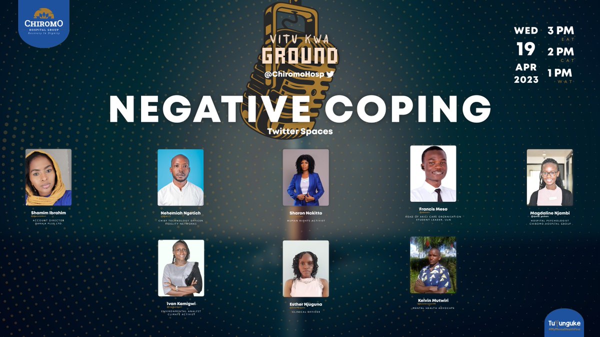 ChiromoHospGrp's tweet photo. Ready to spice up your coping game?

Join our #VituKwaGround Twitter Spaces conversation on 'Negative Coping' where we'll be serving up some serious strategies.

Panel: @kevohmutwiri98 @nakittosharonn @EsterNjuguna @ivankamigwi1 @akilicare @ng46137 @njambi_gacheru &amp; @shamimkheir https://t.co/L17Ucvl6bl