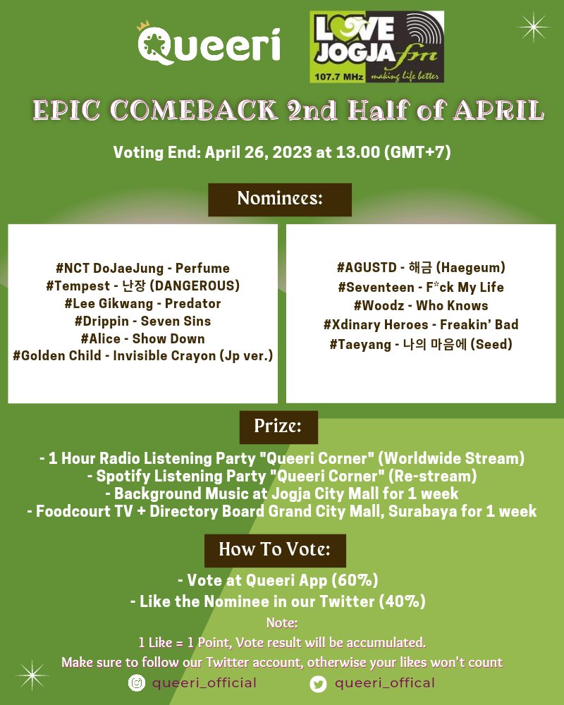 queeri_official's tweet photo. EPIC COMEBACK 2nd Half of APRIL📀🎶
End: April 26, 2023 at 13.00 (GMT+7)
🏆
- 1 Hour Radio Listening Party "Queeri Corner" (WW Stream)
- Spotify Listening Party (Re-stream)
- Played at Jogja City Mall BGM
- Foodcourt TV & Directory Board Grand City Mall, Surabaya https://t.co/PoUB3d7yGJ