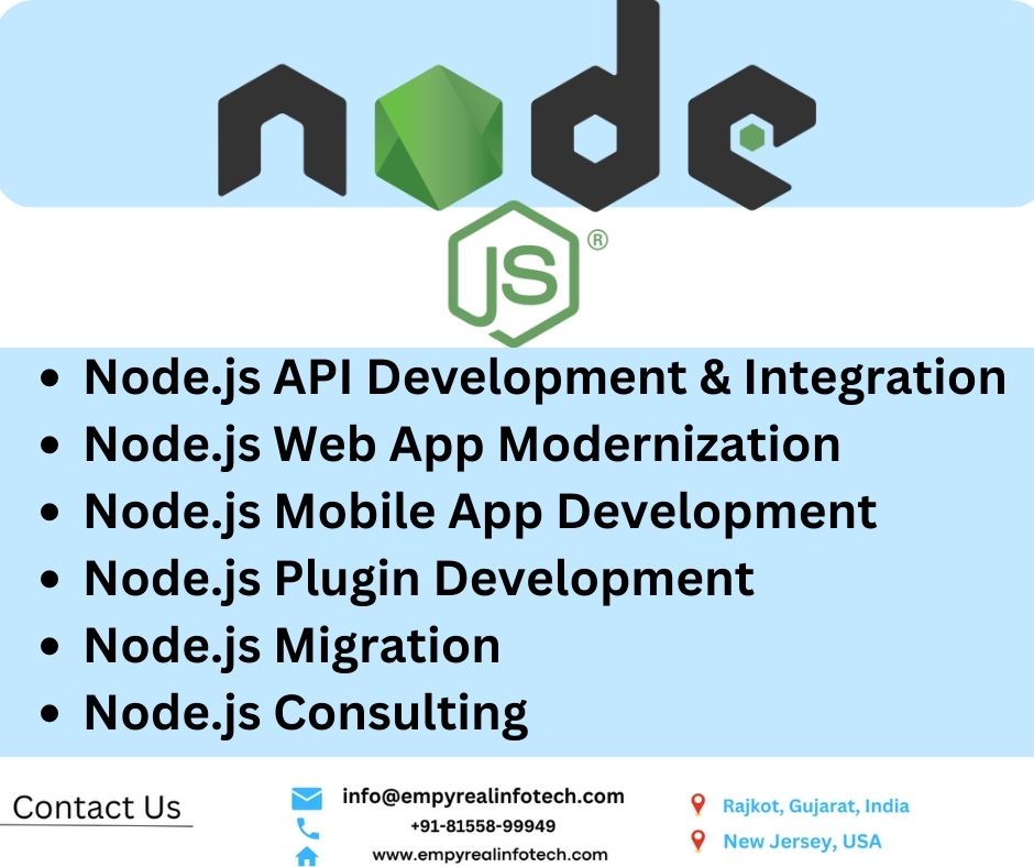 What are the Developments done through Nodejs framework.

To hear more from our industry experts send your query on info@empyrealinfotech.com

#nodejsdeveloperhirenodejs #hirenodejsdeveloper #nodejsdevelopers #nodejsdevelopmentcompany #nodejsnews #nodejs