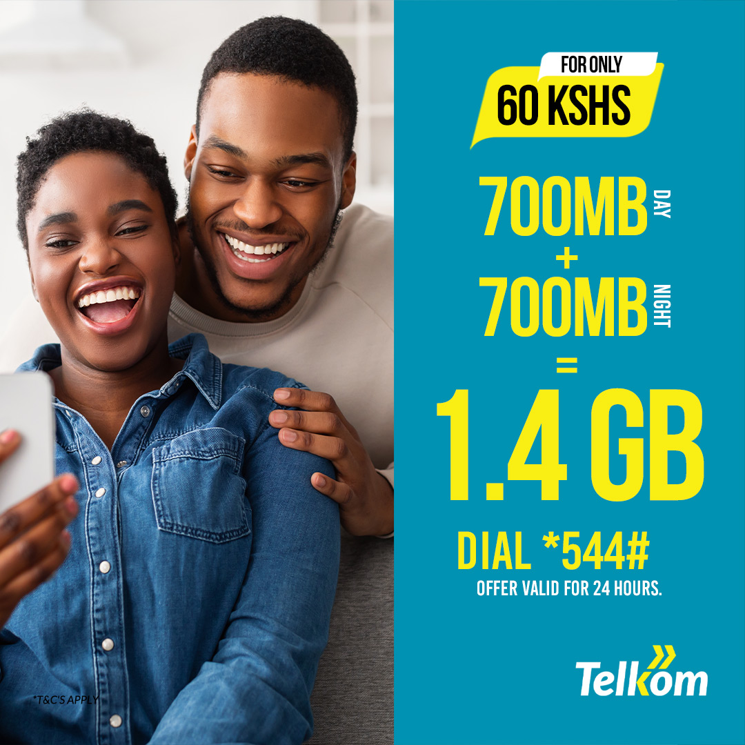 TelkomKenya's tweet photo. Get double the data with the #700MB+700MB bundle. Stay connected with 700MB during the day and stay up with 700MB at night. On top of that, you also get 60 minutes and free WhatsApp, and all this just for 60bob only. Simply dial *544*2# and stay in touch day or night. https://t.co/WkVOmUtW6F
