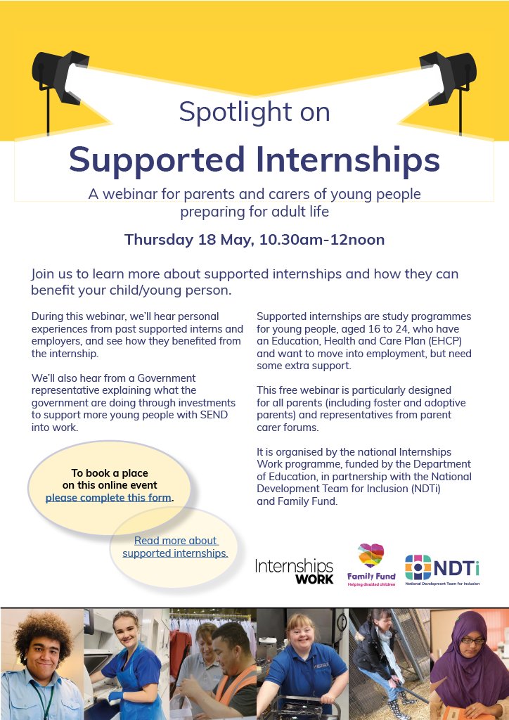 Calling all parents and carers! Come and join this amazing webinar on Supported Internships on 18th May 

zurl.co/c7Mk 
@dfnsearch @Internship_Work @NDTicentral @base_tweets 
 #supportedinternships #NSID #untappedtalent #supportedemployment #employment #education