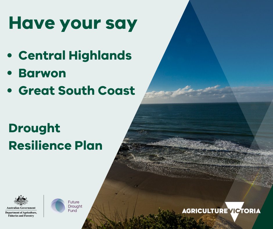 VicGovAg's tweet photo. Building a plan for #droughtresilience in the #CentralHighlands, #Barwon and #GreatSouthCoast regions has been a focus of members of your community. 

Last week to provide your input on the first draft of the action plan. Have your say: https://t.co/zxdPbSNx3n

#FutureDroughtFund https://t.co/2BQfsIWapL
