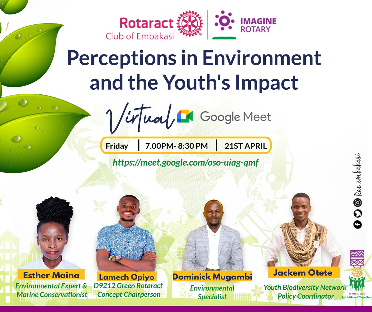 You don't want to miss this eco-awesome panel discussion on Friday, April 21st! 🌱👀 #YouthImpact #EcoPerceptions #VirtualPanel  #Imaginerotary #letsmarchtogether #MengiMakuu
@rac_simbarota
@rotaract_club_athiriver