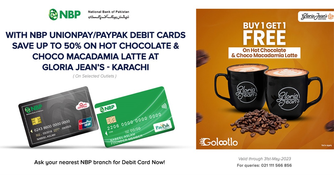 TheNBPak's tweet photo. Now enjoy your favourite coffee at Gloria Jean's!

Buy 1 and get 1 free by availing 50% off with NBP Paypak and UnionPay cards.

Valid till: 31st May
*Terms &amp; Conditions apply
*Discount is applicable on Hot Chocolate &amp; Choco Macadamia Latte and on selected outlets in Karachi only https://t.co/xULnKQSJes