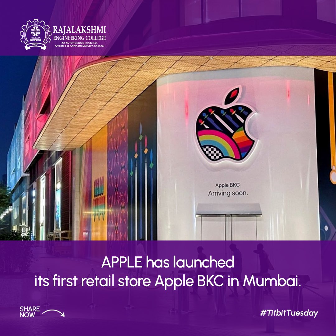 myrecchennai's tweet photo. Great news for all Apple enthusiasts 📱
Apple is set to launch its first retail store in Mumbai, Apple BKC, on April 18th.
#apple #iphone #stevejobs #applestoreinindia #applebkc #applemumbai #appleindia #appleindiastore #REC #naac #Rajalakshmiinstitutions https://t.co/zuFm5alwvW