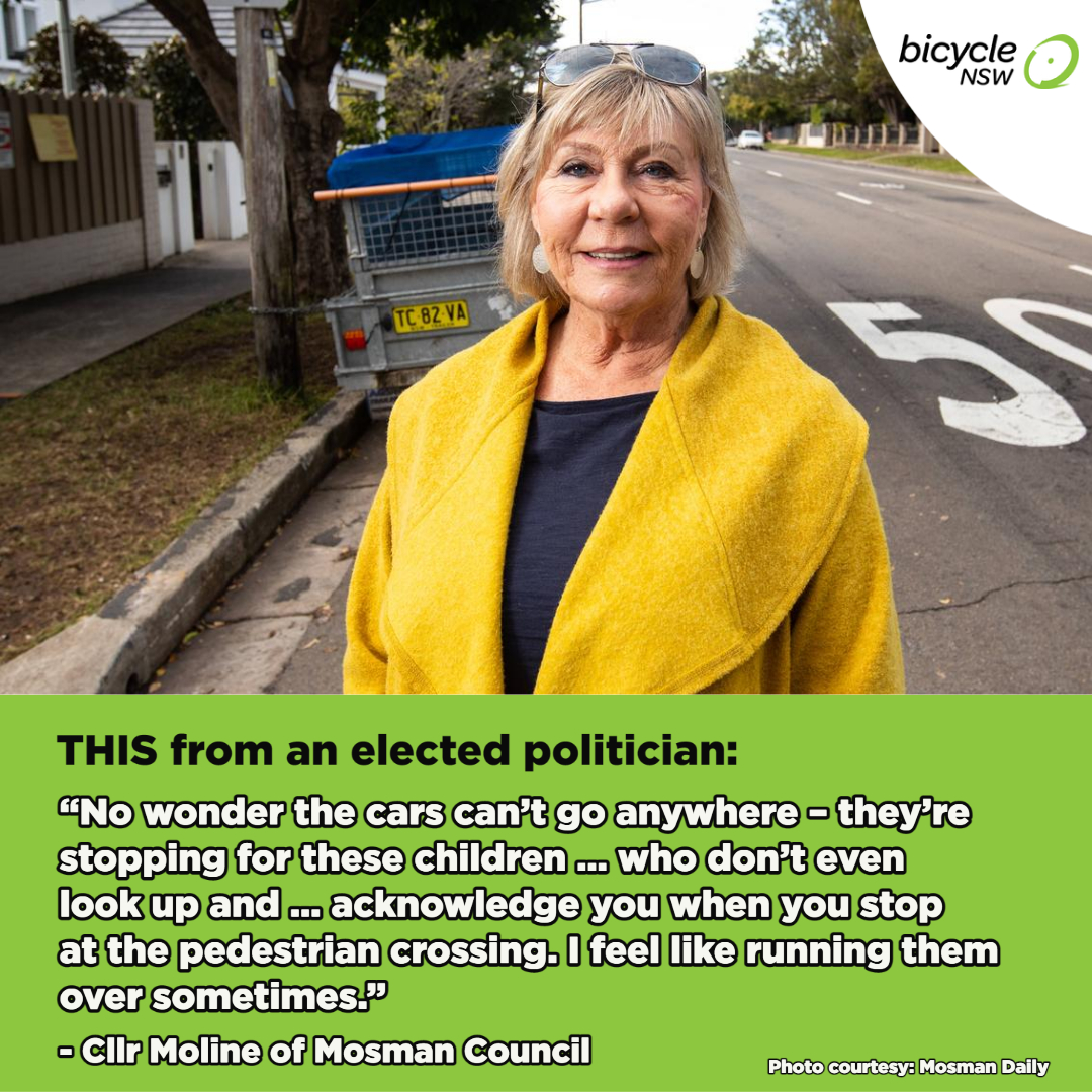 BicycleNSW's tweet photo. Cllr Moline of @MosmanCouncil has gone on record objecting to a new raised pedestrian crossing outside Mosman High School👇 Join @BicycleNSW so we can expand our work to support councils across the state to develop better infrastructure for bike riding. 👉https://t.co/HF8JNVD86B https://t.co/YHcoDxwcbx
