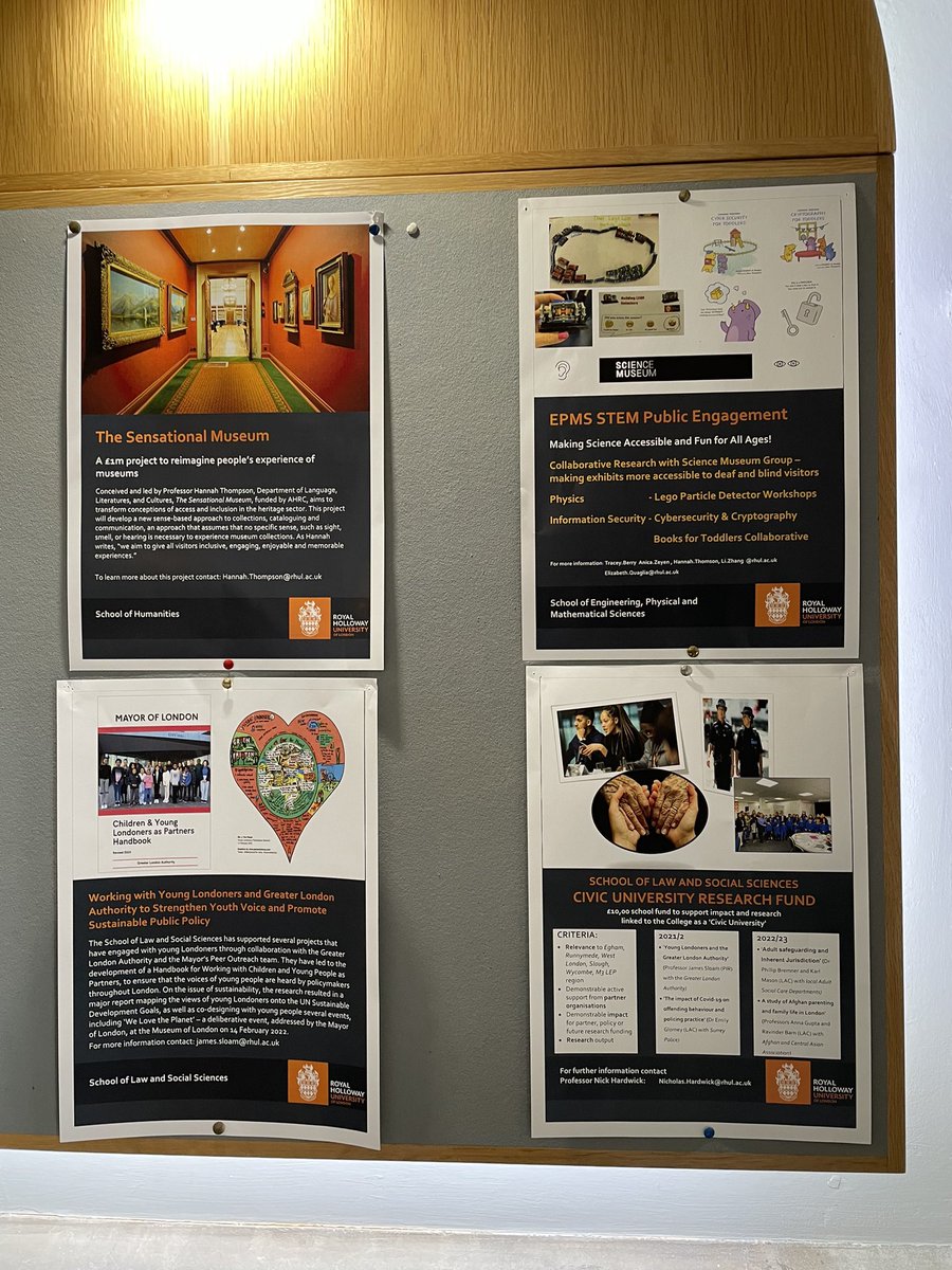 Loving this display of posters near my office of engagement work being carried out by colleagues across @RoyalHolloway Wonderful projects working with a host of partners, local and global. #TrulyCivic #SocialPurpose