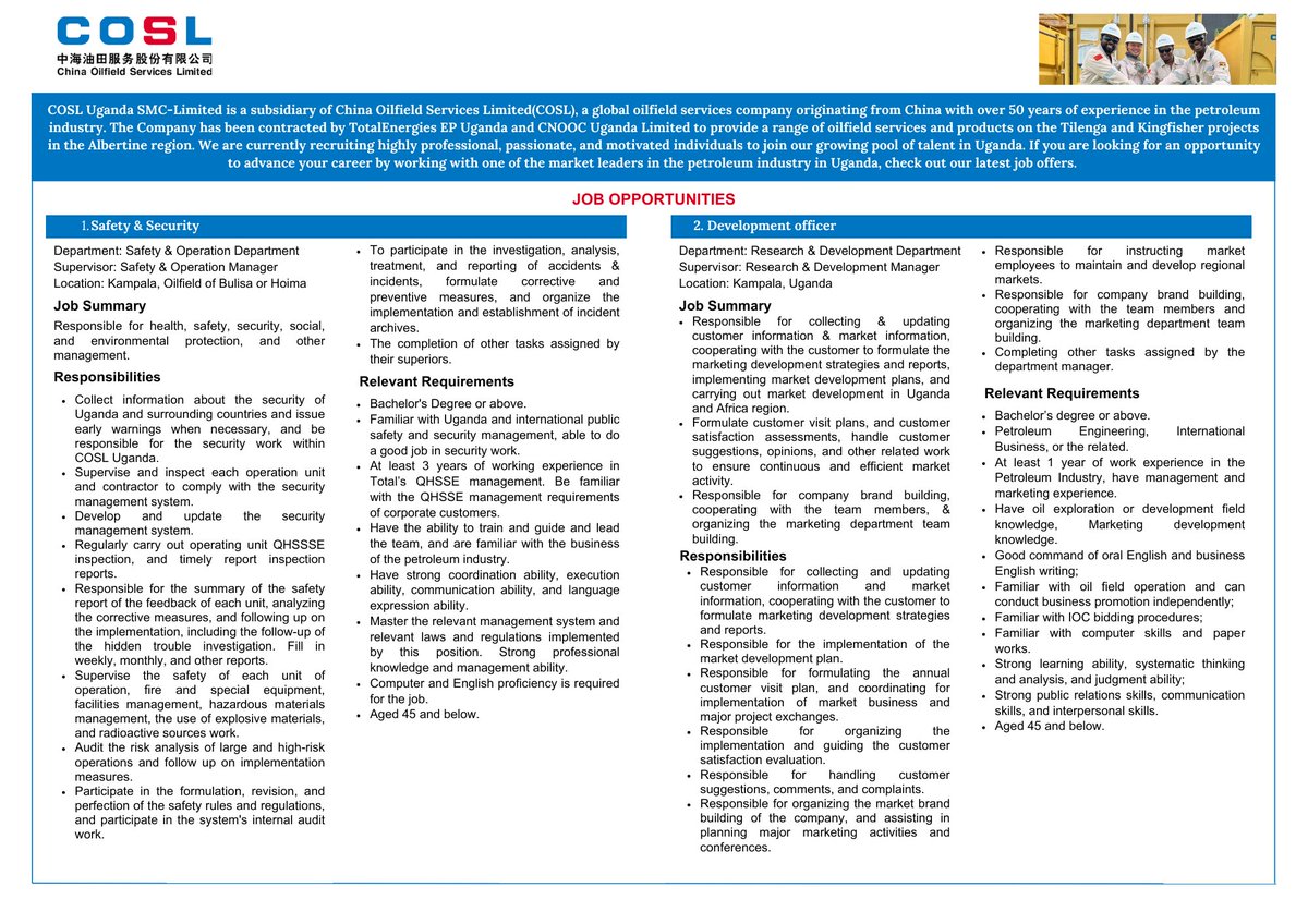 TotalEnergiesUG's tweet image. #TotalEnergiesEPUganda through COSL Uganda Limited invites applications for jobs from suitable candidates.  #SafetyAndSecurity | #DevelopmentOfficer | #HumanResources 

DETAILS👉 bit.ly/3GRfpOz

DEADLINE 👉 April 30th 2023