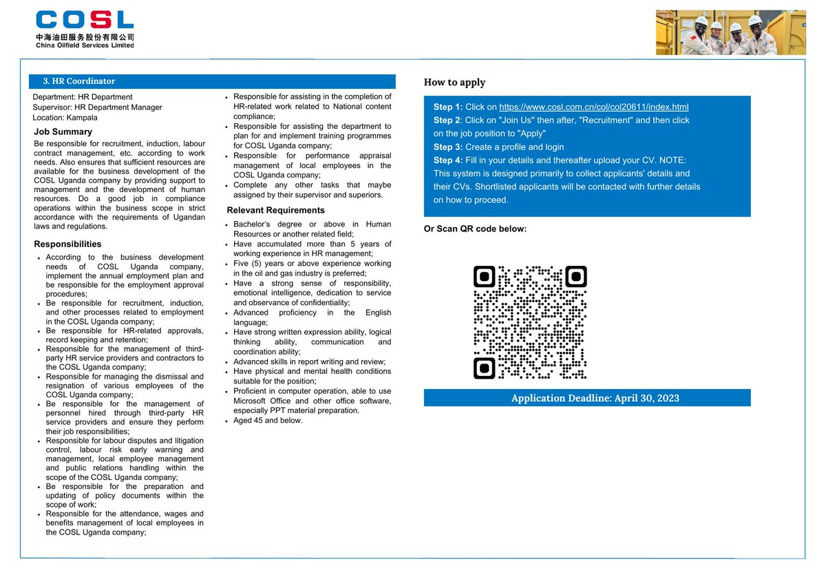 TotalEnergiesUG's tweet image. #TotalEnergiesEPUganda through COSL Uganda Limited invites applications for jobs from suitable candidates.  #SafetyAndSecurity | #DevelopmentOfficer | #HumanResources 

DETAILS👉 bit.ly/3GRfpOz

DEADLINE 👉 April 30th 2023