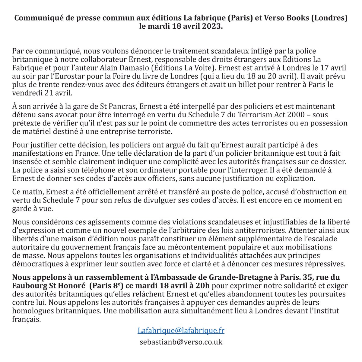 Soutien à notre collègue et ami arrêté par la police antiterroriste britannique