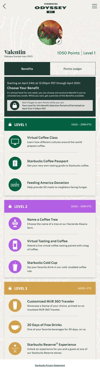 La liste des avantages liés au programme #NFT de #starbucks odyssey est dispo ! Interessant du on/offline !