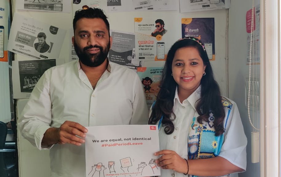 On Dt. 11th April 2023 *Quizophy Pvt Ltd* company which works globally implemented #PaidPeriodLeave for their Women employees. 
Those who want to Support the Campaign online,  sign the petition 
Change.org/paidperiodleave
@RajCMO @MlaSanchore @UN @byadavbjp @ilo @ChangeOrg_India