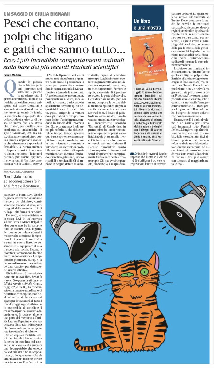 “L’autrice è una miniera di informazioni straordinarie, raggiungendo il risultato impossibile di conciliare il massimo rigore con il massimo divertimento.”
Oggi <a href="/felice_modica/">Felice Modica</a> su <a href="/ilgiornale/">ilGiornale</a> scrive de I gatti lo sanno <a href="/GiuntiEditore/">Giunti Editore</a> , in libreria da domani.