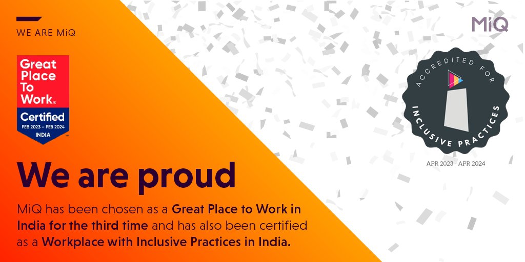 wearemiq's tweet image. We are thrilled to be certified as a Great Place to Work in India, in the Mid-size Workplaces category, for the third time. That’s not all, we&apos;ve also been accredited as a Workplace with Inclusive Practices. Congratulations to our India team! #wearemiq #gptw #inclusivepractices