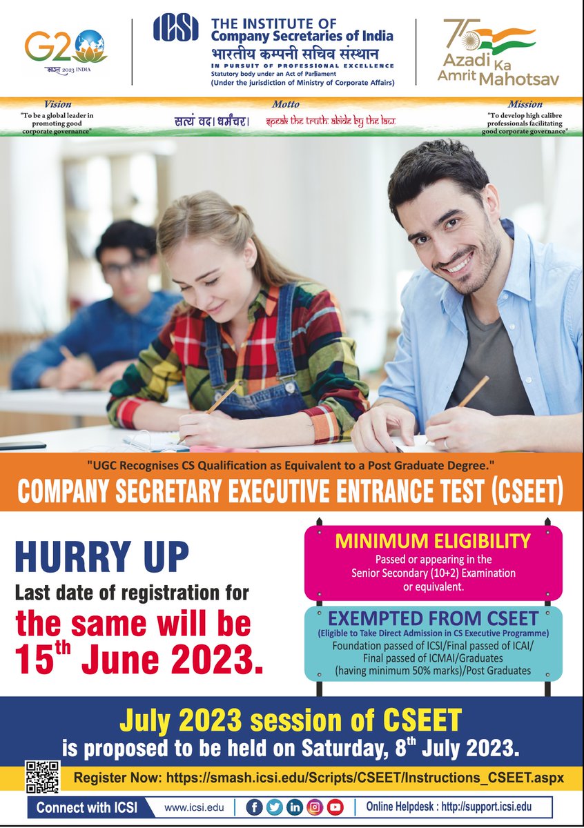 icsi_cs's tweet image. Registrations open for #CSEET July 2023 session. #RegisterNow @ smash.icsi.edu/Scripts/CSEET/… @g20org @AmritMahotsav @ManishGuptaRMG