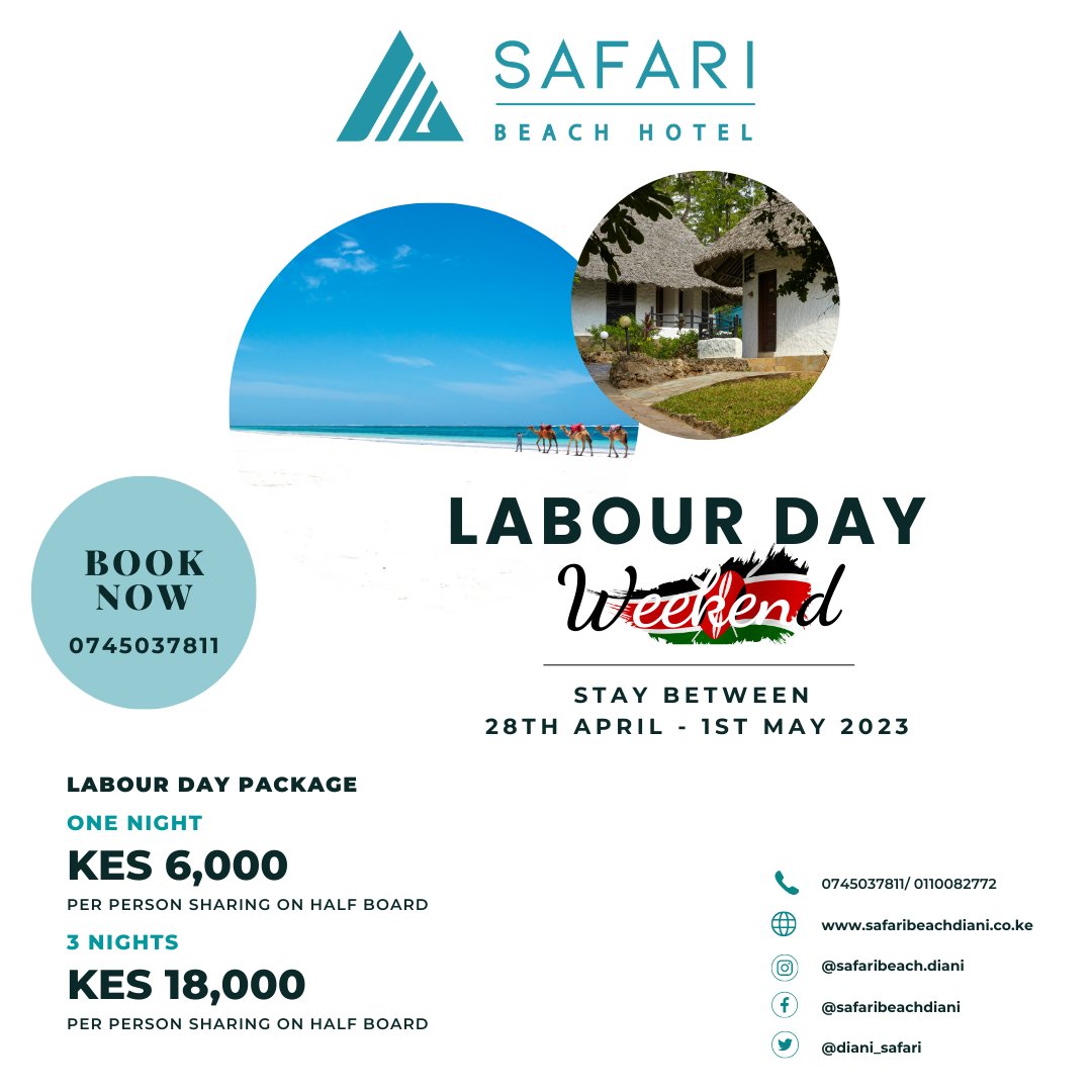 diani_safari's tweet photo. Unwind and rejuvenate this Labour Day weekend at @diani_safari. Experience pure relaxation amidst the breathtaking beauty of Diani's pristine beaches and lush greenery.
#safaribeachdiani #LabourDayWeekend #DianiBeach #BeachGetaway #WeekendVibes #TravelKenya #ExploreDiani https://t.co/e98UzGTuGR