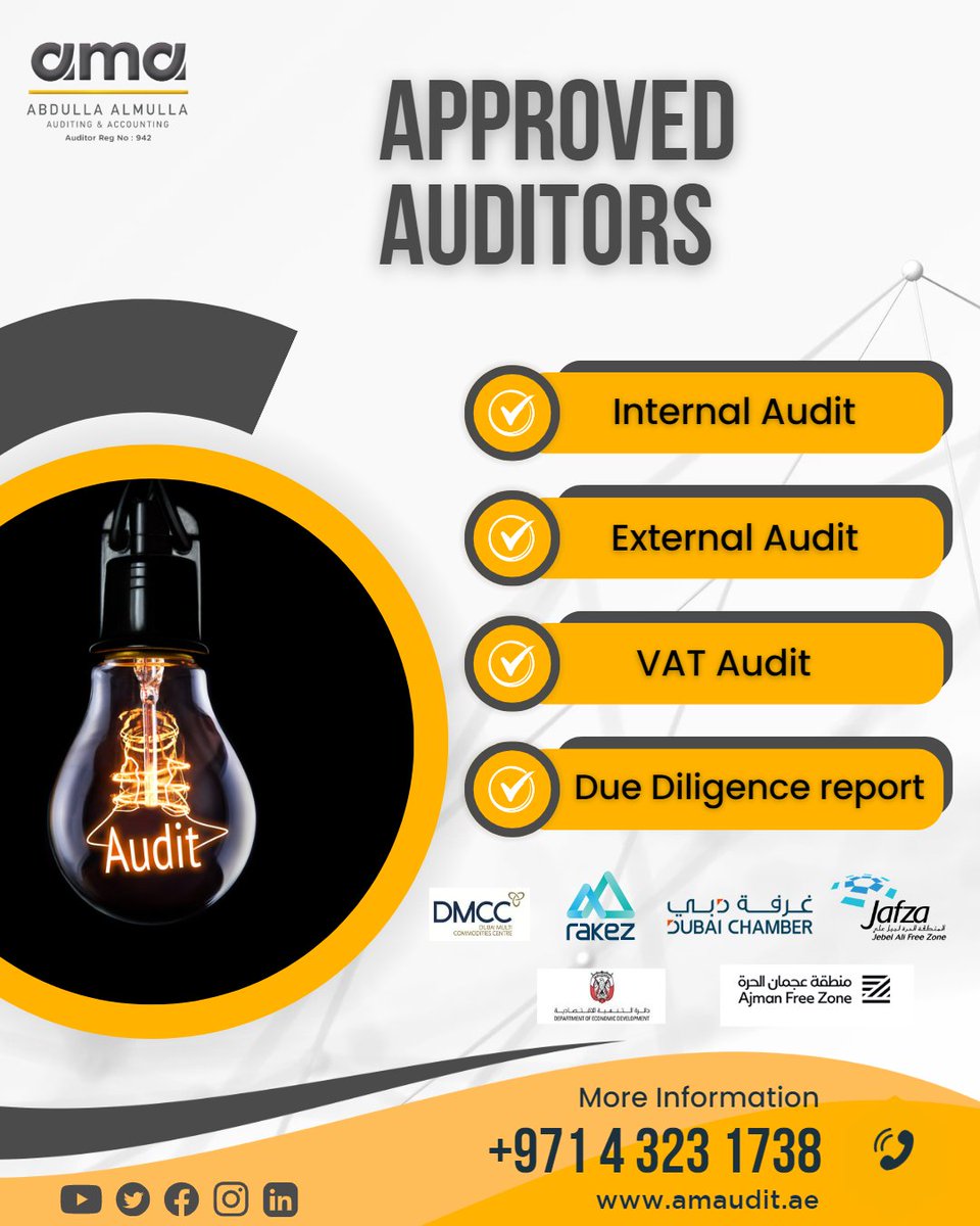 am_audit's tweet photo. AM Audit is known for providing effective, value-added, and top-notch auditing, services to our clients. We are approved by DMCC/DAFZA/JAFZA/RAKEZ &amp; more

Contact us for assistance:
+971 4323 1738 / +971 54327 8971
info@amaudit.ae

#internalaudit #externalauditor #vataudit #audit https://t.co/QljSJfh0eY