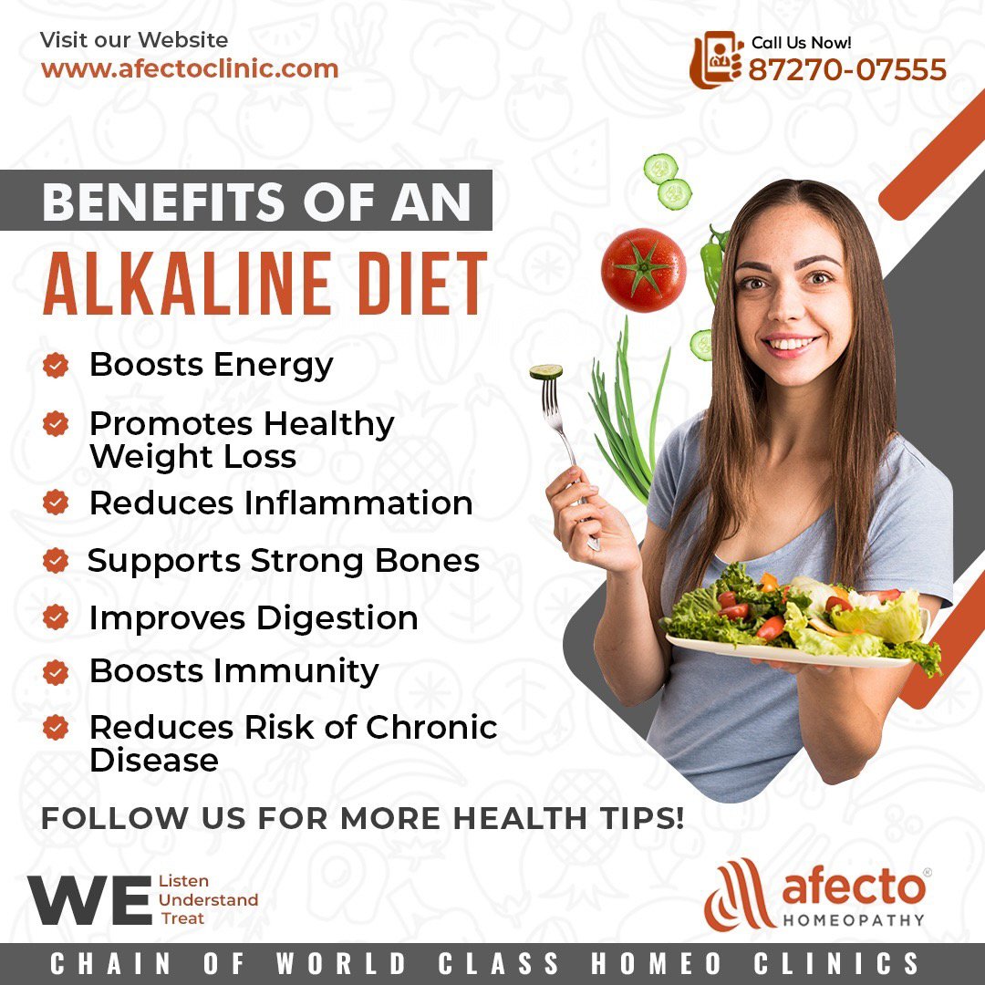 BENEFITS OF AN ALKALINE DIET 
-Boosts Energy 
-Promotes Healthy
-Weight Loss

🌐 afectoclinic.com

#AlkalineDietBenefits #BoostEnergy #HealthyWeightLoss #ReduceInflammation #BoostImmunity #ChronicDiseasePrevention #AlkalineLifestyle #HealthBenefits #AlkalineDieting