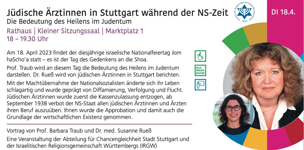 Heute - 18. April 23 18–19:30 Uhr Jüdische #Ärztinnen in #Stuttgart während der NS‐Zeit im #Rathaus @stuttgart_stadt - ein Vortrag im Rahmen der Veranstaltungsreihe #Chancengleichheit im Fokus stuttgart.de/veranstaltungs…