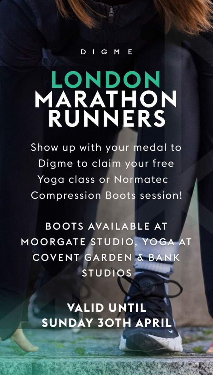 Who’s running <a href="/LondonMarathon/">TCS London Marathon</a> ? Good luck to everyone! 

Bring your medal in to our Moorgate studio for a free recovery session in our Normatec recovery boots 🙌 🏃‍♂️ 🏅 #LondonMarathon #runners