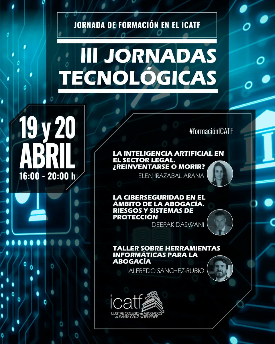 📣  III  Jornadas Tecnológicas #ICATF
🗓️  19 y 20 de abril.
🗣️ Elen Irazabal Arana <a href="/dipudaswani/">Deepak Daswani</a> <a href="/asanrubio/">Alfredo Sánchez-Rubio</a>
Programa.- buff.ly/3MViQaR
Inscripción.- buff.ly/40ervIq