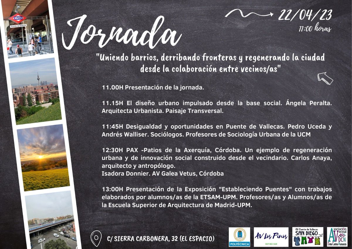 Este sábado 22-abr (11:00), en Puente de Vallecas, Jornada "Uniendo barrios, derribando fronteras y regenerando la ciudad desde la colaboración entre vecinos/as" resultado de nuestra asignatura "Ciudad y Urbanismo" y su proyecto aprendizaje-servicio. <a href="/DCNAsoc/">AVDCarlotaNumancia</a>  <a href="/AVPteVallecas/">A.V.Puente Vallecas-San Diego</a>