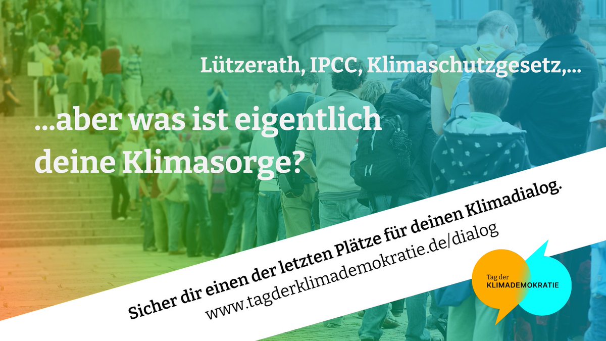 Endspurt - nur noch wenige Tage, um dir deinen #Klimadialog am 29.4. zu reservieren.🙌 Mitreden, zuhören, dabei sein: Wenn wir viele sind, zeigen wir dem #Bundestag, dass wir zusammenhalten und mehr klimapolitisches Handeln erwarten.🤝 Nutz deine Chance: tagderklimademokratie.de/dialog