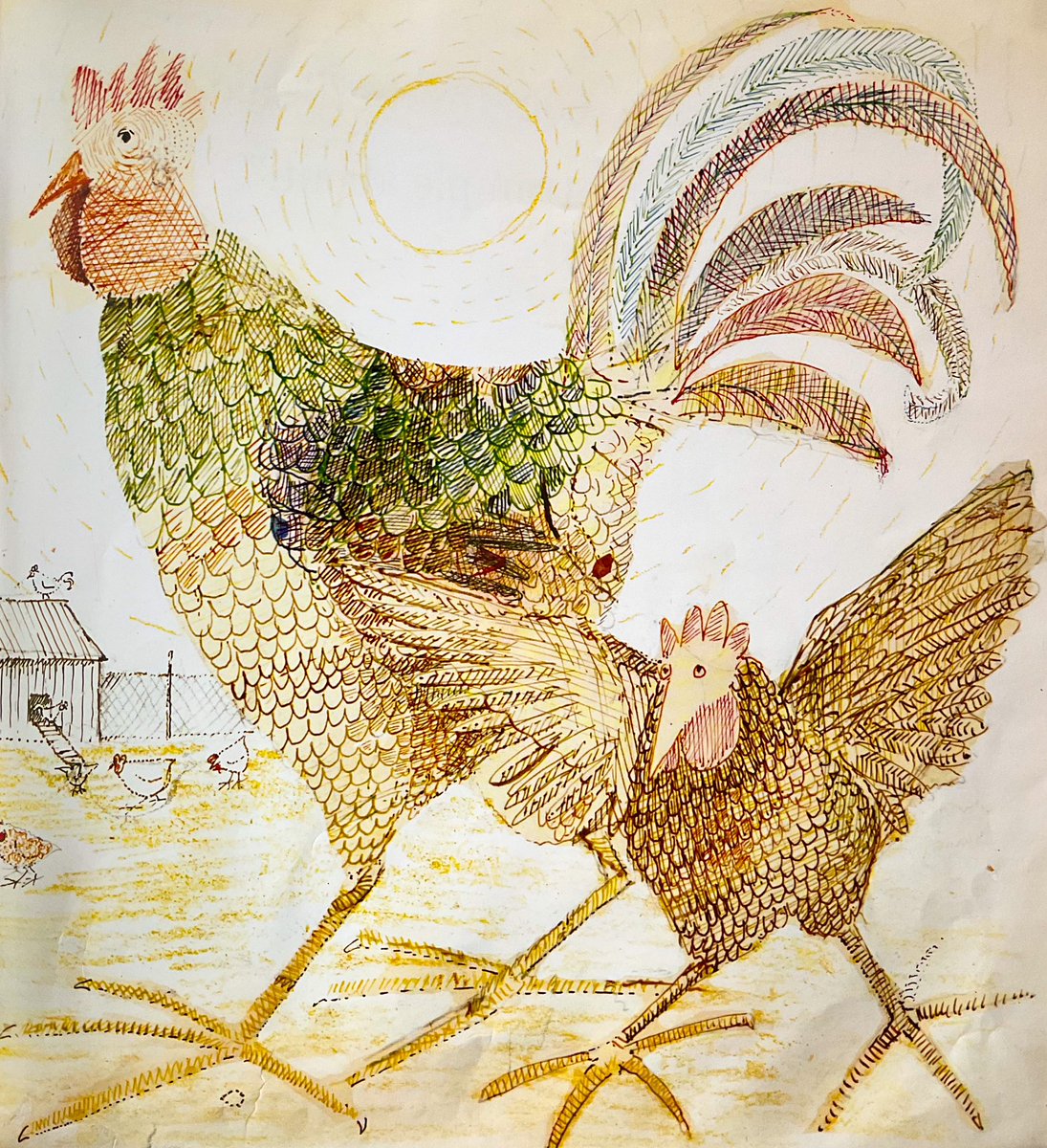 #BookIllustrationOfTheDay is by John Burningham for “Mr Gunmpy’s Outing” (1970). I always loved these fabulous chickens, all the scratchy ink line, and delicate detail, the radiating sun. So much texture and quirky character - a revelation & a picture book revolution!